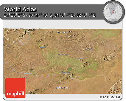 Satellite 3D Map of the Area around 21° 3' 11" S, 31° 31' 29" E
