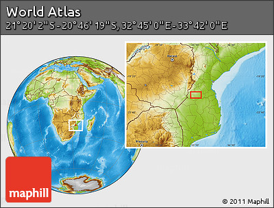 Physical Location Map of the Area around 21° 3' 11" S, 33° 13' 30" E