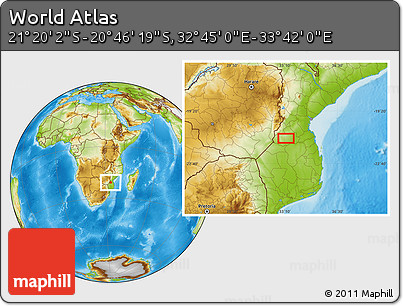 Physical Location Map of the Area around 21° 3' 11" S, 33° 13' 30" E