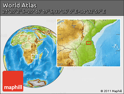 Physical Location Map of the Area around 21° 3' 11" S, 34° 4' 30" E