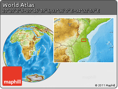 Physical Location Map of the Area around 21° 3' 11" S, 34° 4' 30" E