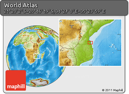Physical Location Map of the Area around 21° 3' 11" S, 34° 55' 29" E