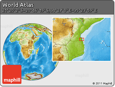 Physical Location Map of the Area around 21° 3' 11" S, 34° 55' 29" E