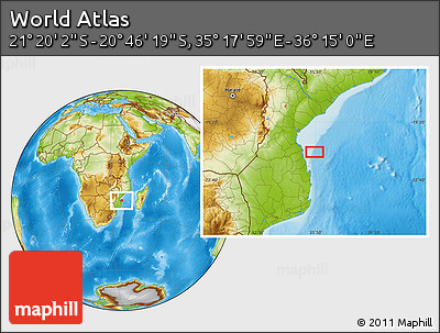 Physical Location Map of the Area around 21° 3' 11" S, 35° 46' 29" E