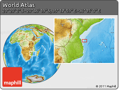 Physical Location Map of the Area around 21° 3' 11" S, 35° 46' 29" E