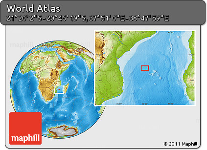 Physical Location Map of the Area around 21° 3' 11" S, 38° 19' 30" E