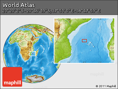 Physical Location Map of the Area around 21° 3' 11" S, 38° 19' 30" E