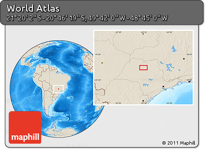 Shaded Relief Location Map of the Area around 21° 3' 11" S, 49° 13' 30" W