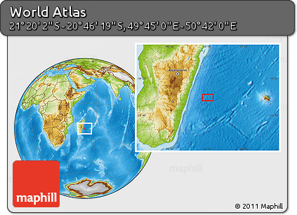 Physical Location Map of the Area around 21° 3' 11" S, 50° 13' 30" E