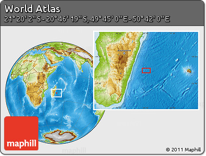 Physical Location Map of the Area around 21° 3' 11" S, 50° 13' 30" E