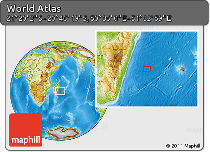 Physical Location Map of the Area around 21° 3' 11" S, 51° 4' 30" E