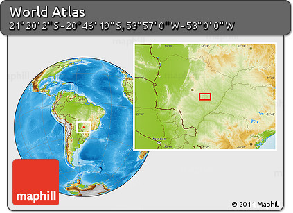Physical Location Map of the Area around 21° 3' 11" S, 53° 28' 30" W