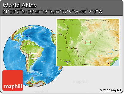 Physical Location Map of the Area around 21° 3' 11" S, 53° 28' 30" W
