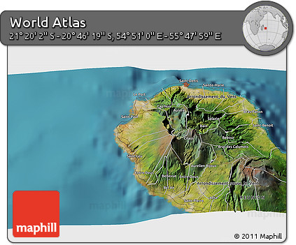Satellite 3D Map of the Area around 21° 3' 11" S, 55° 19' 30" E