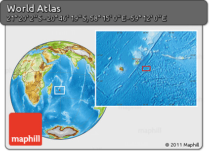 Physical Location Map of the Area around 21° 3' 11" S, 58° 43' 30" E