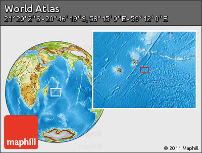 Physical Location Map of the Area around 21° 3' 11" S, 58° 43' 30" E