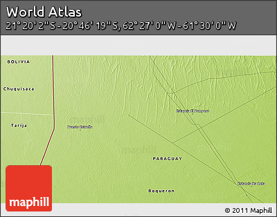 Physical 3D Map of the Area around 21° 3' 11" S, 61° 58' 30" W