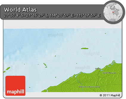 Physical 3D Map of the Area around 21° 33' 19" S, 114° 49' 29" E