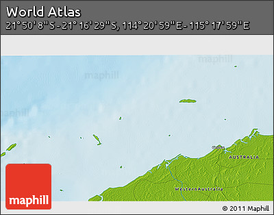 Physical 3D Map of the Area around 21° 33' 19" S, 114° 49' 29" E