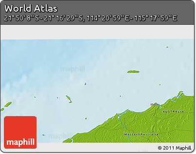Physical 3D Map of the Area around 21° 33' 19" S, 114° 49' 29" E