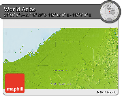 Physical 3D Map of the Area around 21° 33' 19" S, 115° 40' 30" E