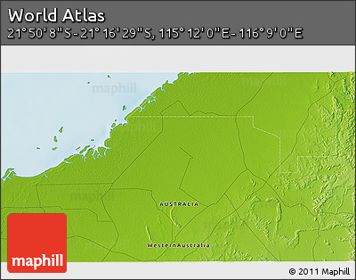 Physical 3D Map of the Area around 21° 33' 19" S, 115° 40' 30" E