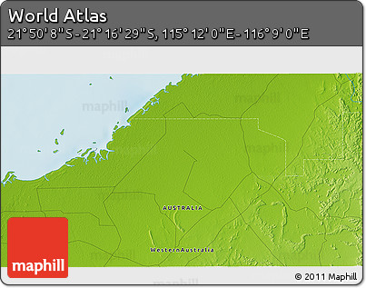 Physical 3D Map of the Area around 21° 33' 19" S, 115° 40' 30" E