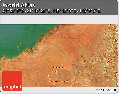 Satellite 3D Map of the Area around 21° 33' 19" S, 115° 40' 30" E