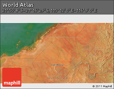 Satellite 3D Map of the Area around 21° 33' 19" S, 115° 40' 30" E