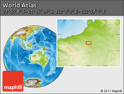 Physical Location Map of the Area around 21° 33' 19" S, 122° 28' 29" E