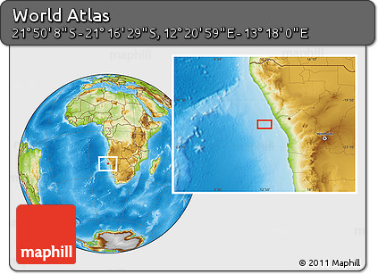 Physical Location Map of the Area around 21° 33' 19" S, 12° 49' 29" E