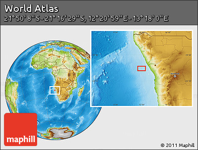 Physical Location Map of the Area around 21° 33' 19" S, 12° 49' 29" E