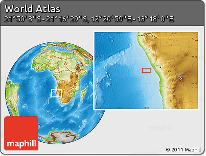 Physical Location Map of the Area around 21° 33' 19" S, 12° 49' 29" E