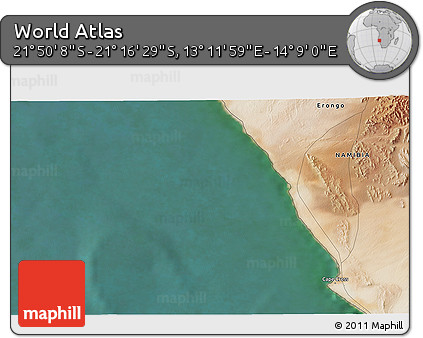 Satellite 3D Map of the Area around 21° 33' 19" S, 13° 40' 30" E