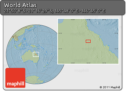 Savanna Style Location Map of the Area around 21° 33' 19" S, 146° 16' 30" E, hill shading