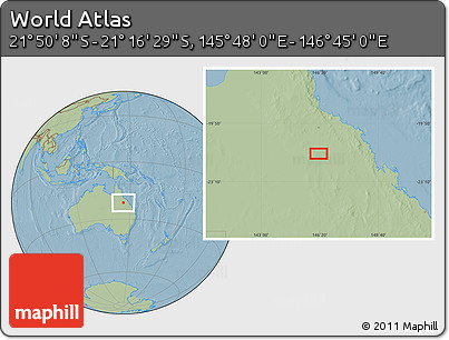 Savanna Style Location Map of the Area around 21° 33' 19" S, 146° 16' 30" E, hill shading