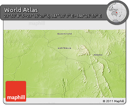 Physical 3D Map of the Area around 21° 33' 19" S, 147° 58' 29" E