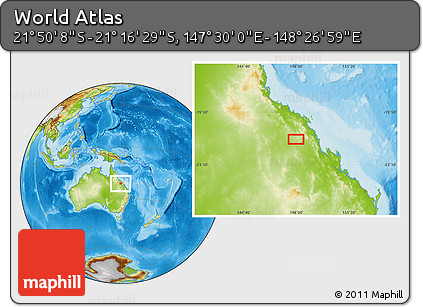 Physical Location Map of the Area around 21° 33' 19" S, 147° 58' 29" E