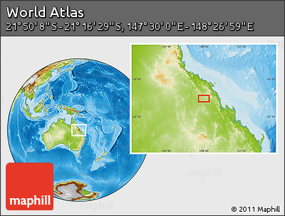Physical Location Map of the Area around 21° 33' 19" S, 147° 58' 29" E