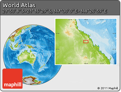 Physical Location Map of the Area around 21° 33' 19" S, 147° 58' 29" E