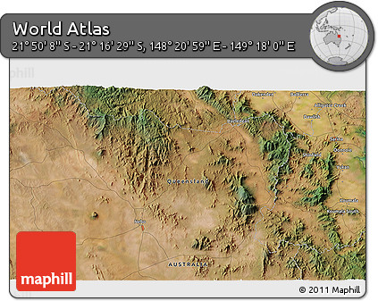 Satellite 3D Map of the Area around 21° 33' 19" S, 148° 49' 29" E