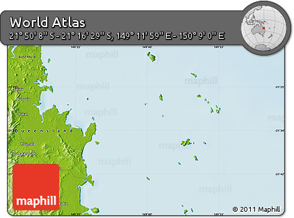 Physical Map of the Area around 21° 33' 19" S, 149° 40' 30" E
