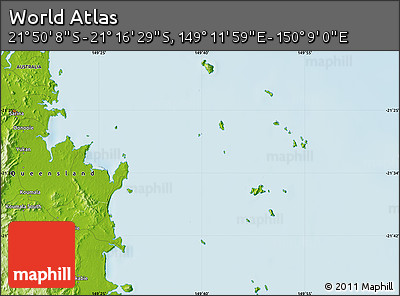 Physical Map of the Area around 21° 33' 19" S, 149° 40' 30" E