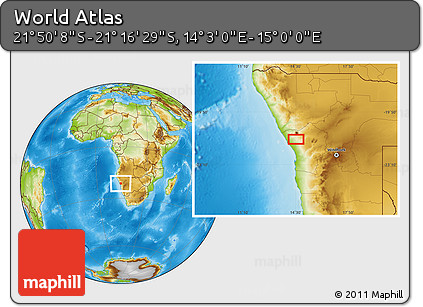 Physical Location Map of the Area around 21° 33' 19" S, 14° 31' 30" E