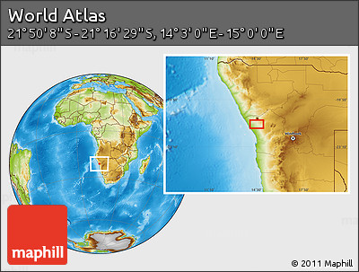 Physical Location Map of the Area around 21° 33' 19" S, 14° 31' 30" E