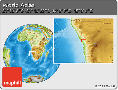 Physical Location Map of the Area around 21° 33' 19" S, 14° 31' 30" E