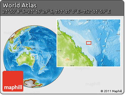 Physical Location Map of the Area around 21° 33' 19" S, 152° 13' 29" E