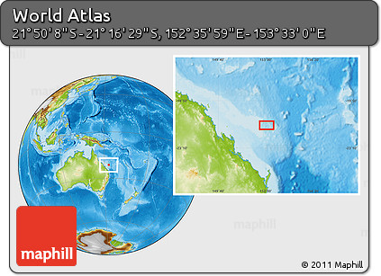 Physical Location Map of the Area around 21° 33' 19" S, 153° 4' 29" E