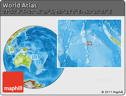Physical Location Map of the Area around 21° 33' 19" S, 159° 52' 30" E