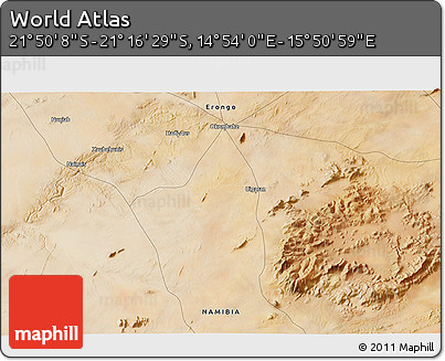 Satellite 3D Map of the Area around 21° 33' 19" S, 15° 22' 30" E